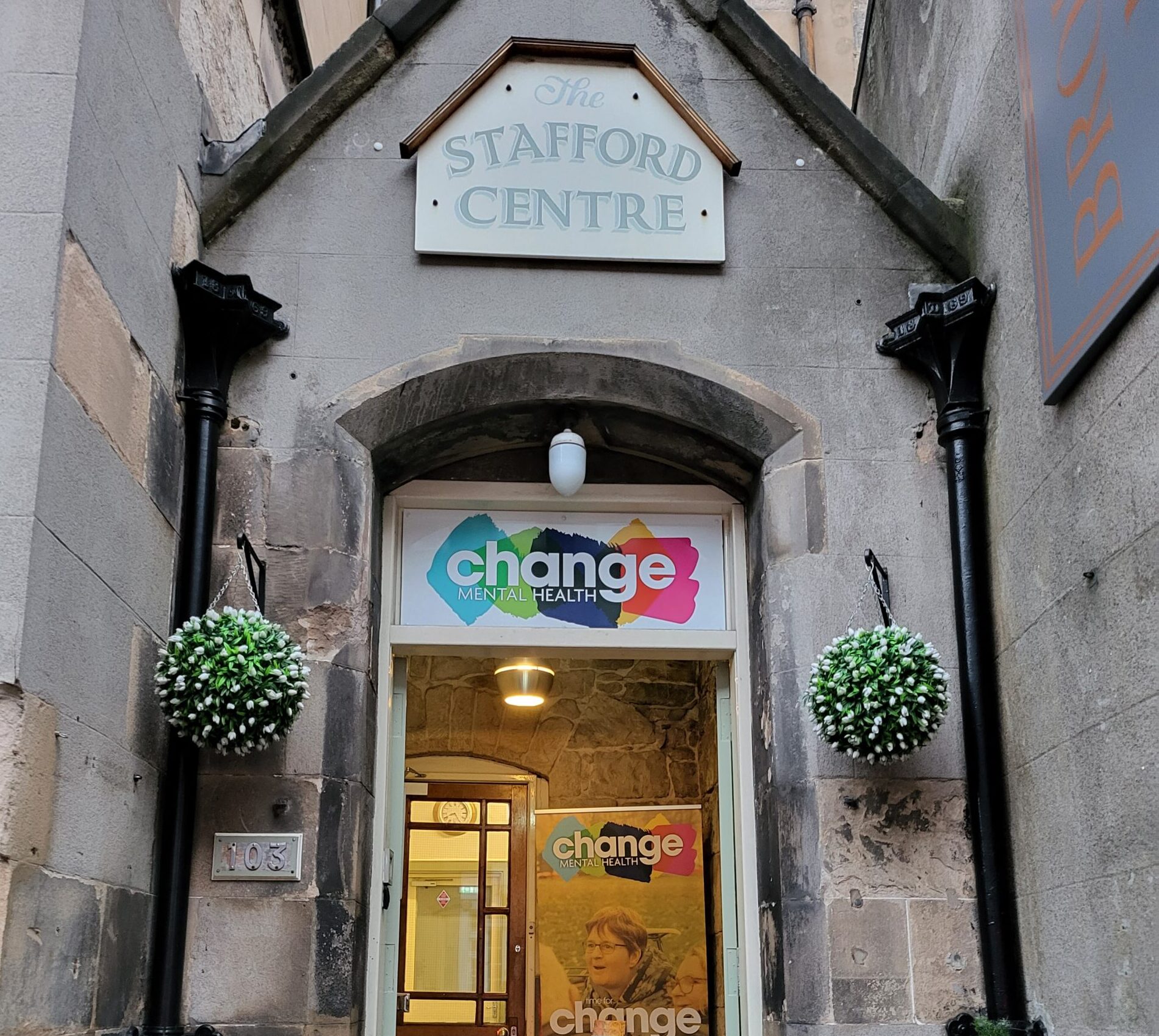Outside the Stafford Centre in Edinburgh, a community mental health resource on Broughton Street.