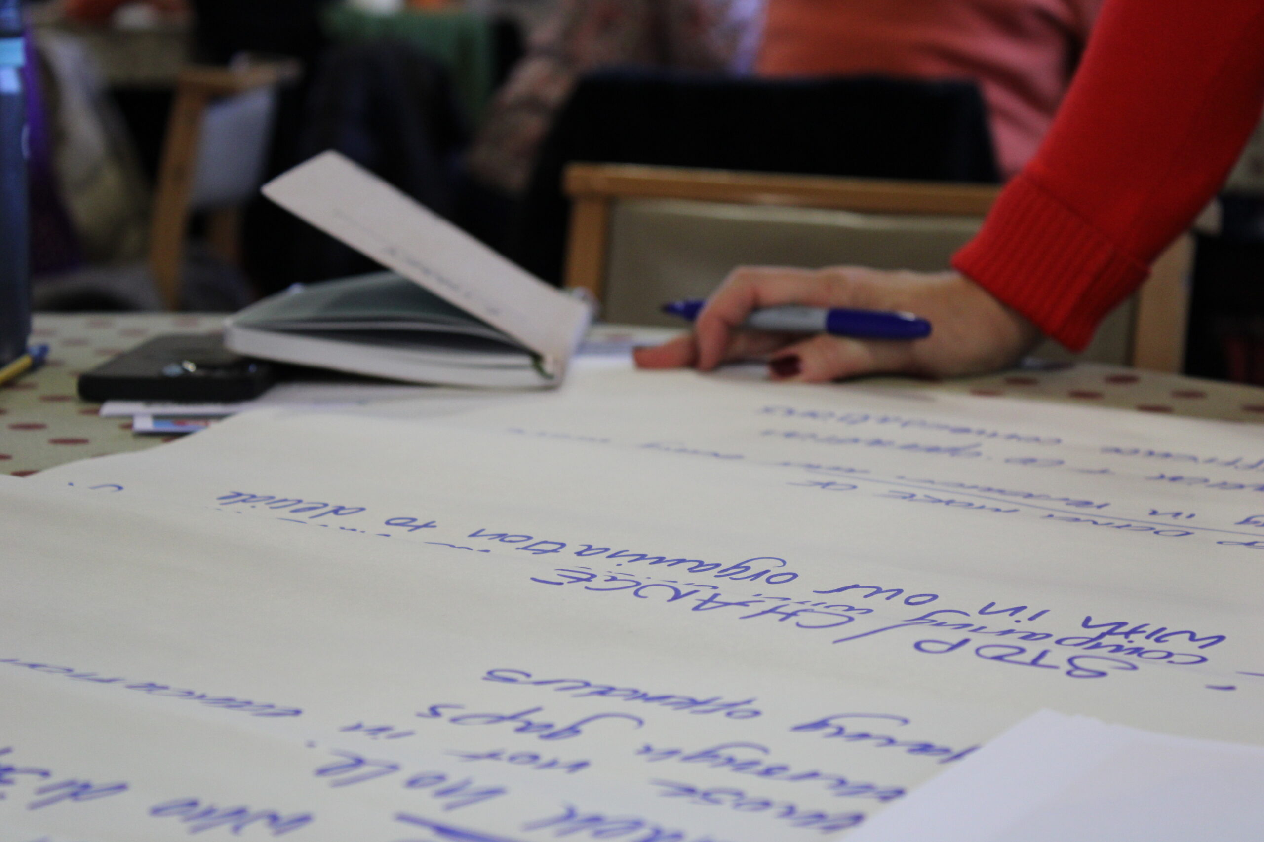 co-production in mental health - Change Mental Health co-production in mental health - young people with lived experience - photo of of an A2 paper with list of things and a women with a sharpie in hand