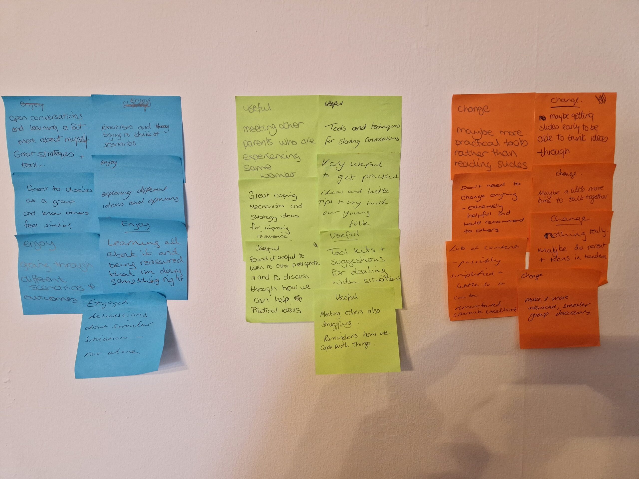 Feedback for Your Resilience for Parents and Carers - rows of blue, yellow and orange post it notes with handwriten feedback