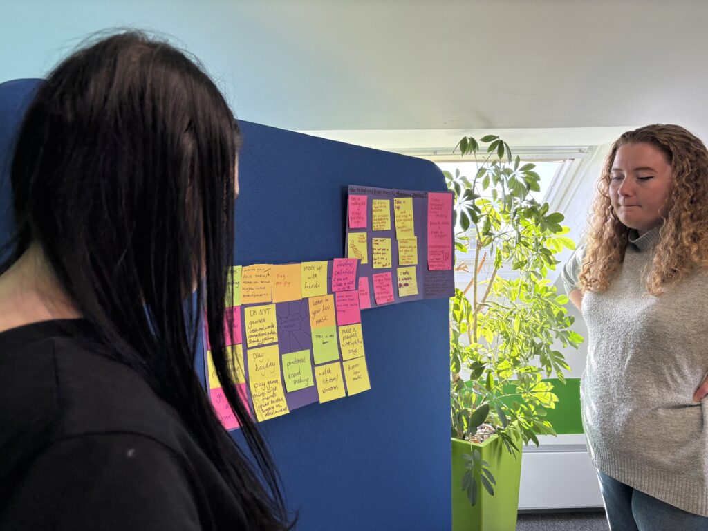 Your resilience for parents and carers free workshop - two people standing in front of blue board with notes and feedback pieces