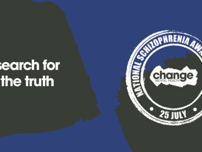 NSAD26 Left side shows the text 'search for the truth' with a dark shape, while the right side features a white circular stamp reading 'Schizophrenia Awareness' and 'change' in the center for mental health advocacy.