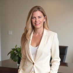 Dalia Feldheim​Professional woman with long blond hair in a cream blazer and white top, standing in a modern office with a desk and plant behind her.