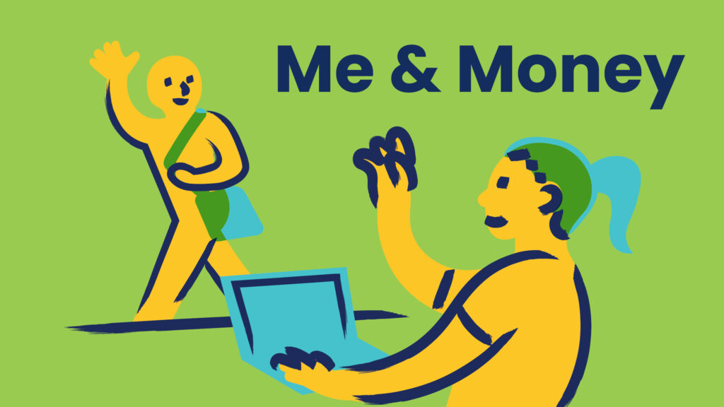 Banner illustration with two stylized people and the title ‘Me & Money’, suggesting a finance education topic.