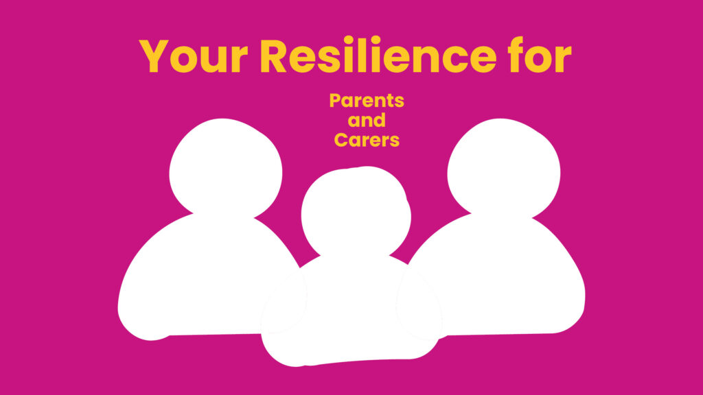Magenta banner with abstract white group silhouettes and the yellow headline: 'Your Resilience for Parents and Carers' (informational/branding image).