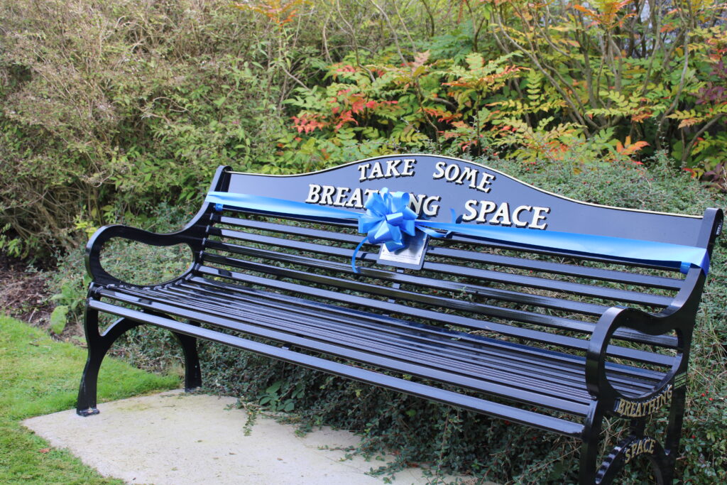 Blue park bench with a large blue bow and the words "TAKE SOME BREATHING SPACE" on the backrest, set against greenery and shrubs.
